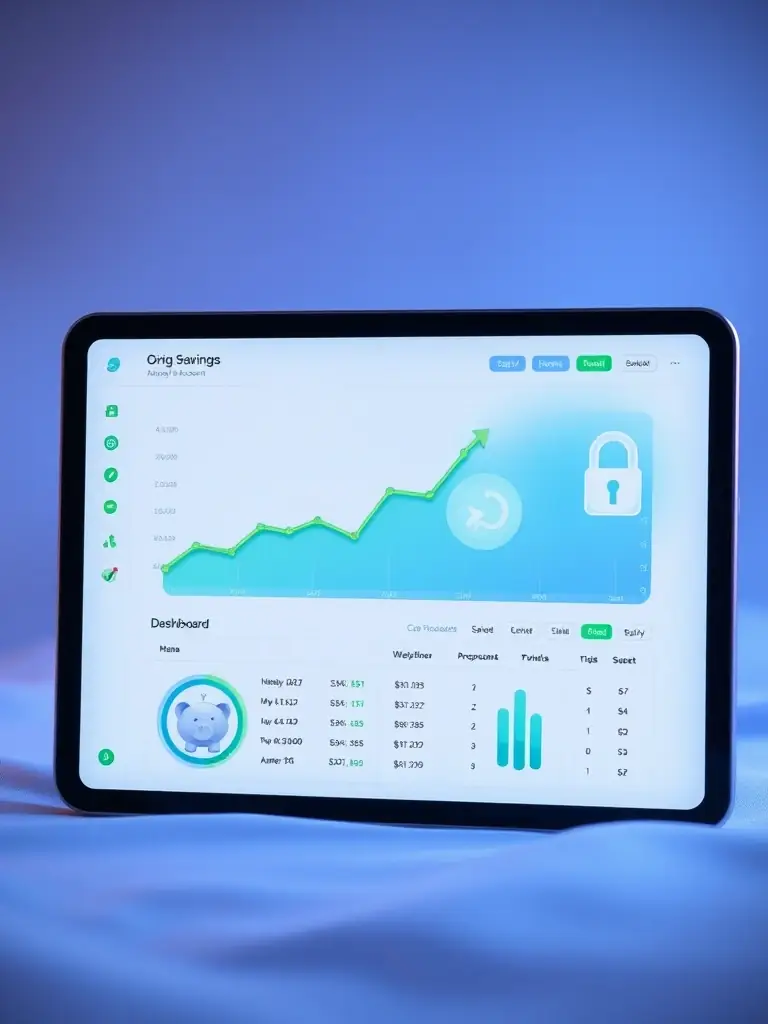 A sleek illustration of a digital savings account dashboard on a tablet, showing a growing savings graph, a piggy bank icon, and a secure lock symbol. The color palette includes green, white, and blue, emphasizing security and growth.