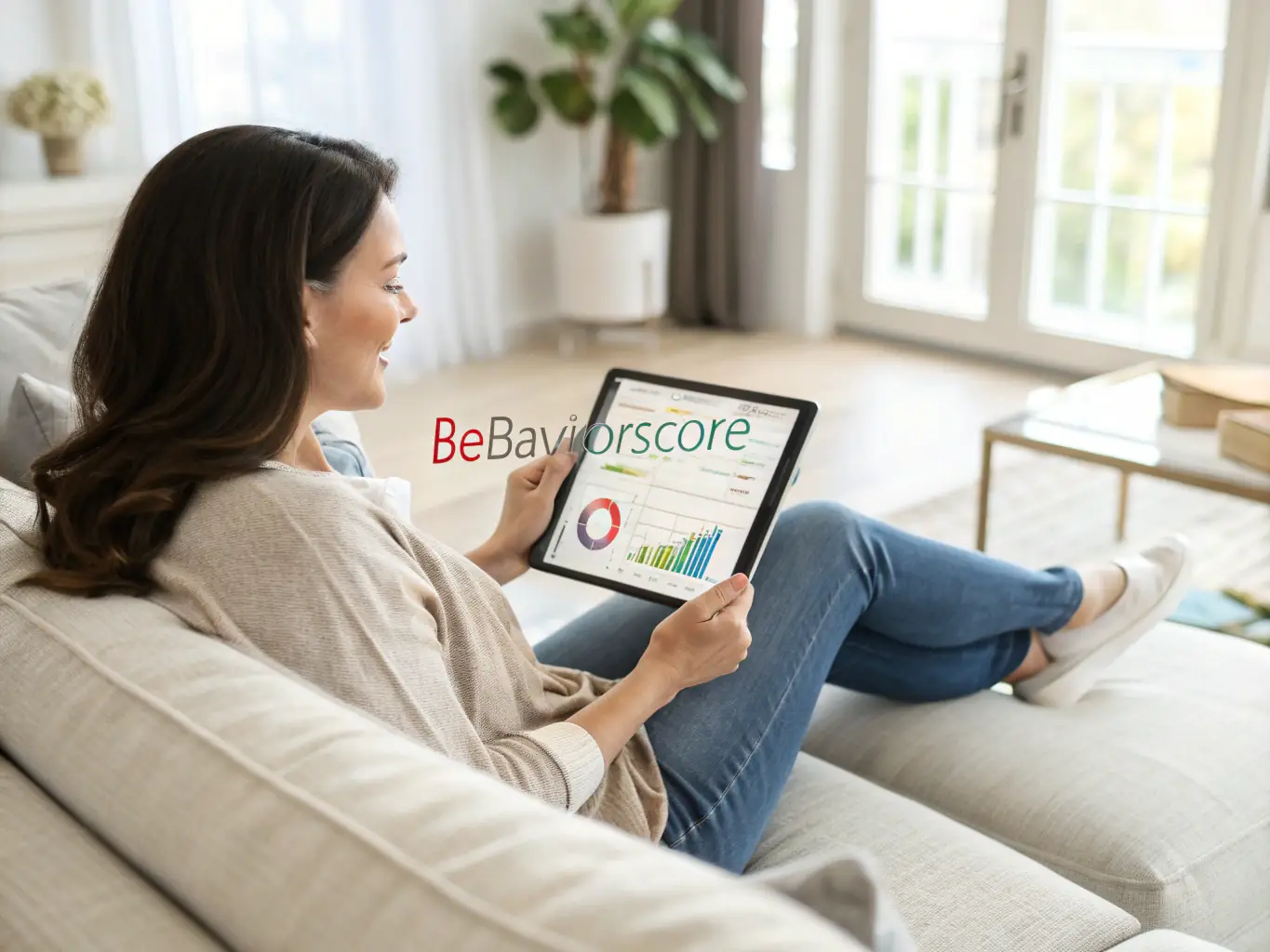 A person reviewing their financial plan on a tablet, with charts and graphs illustrating savings and payment options, set in a modern, comfortable home environment.