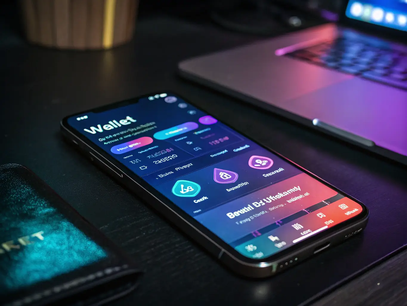 A person confidently managing their digital wallet on a smartphone, with icons representing secure transactions, card storage, and quick access to exclusive offers.